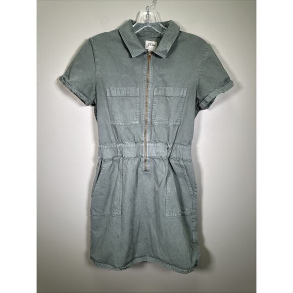 J. CREW Zip-Front Chino Dress 4 Slate Green‎ Utility Preppy Y2K Denim Cotton - Picture 1 of 10
